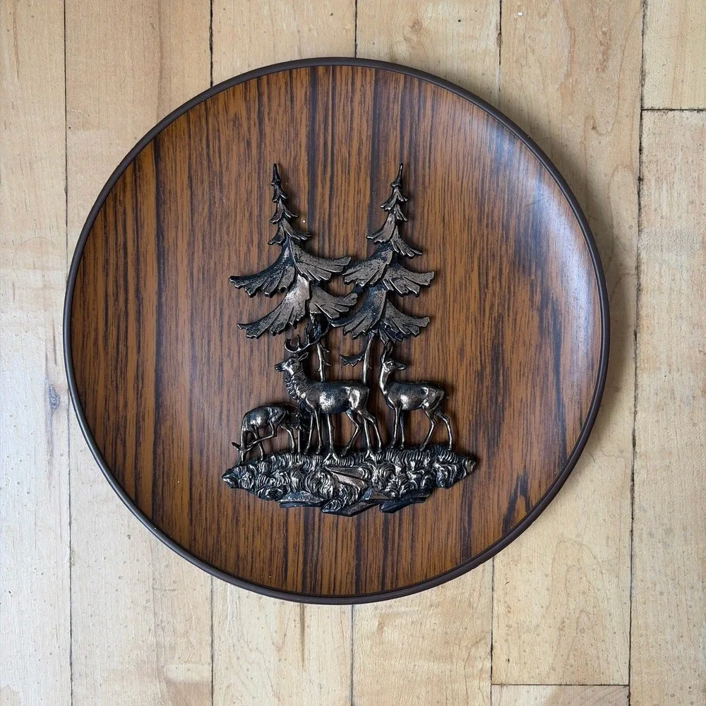 COPPER DEER WALL HANGING PLATE Relief Wood Patterned Wilderness Hunting Cabin